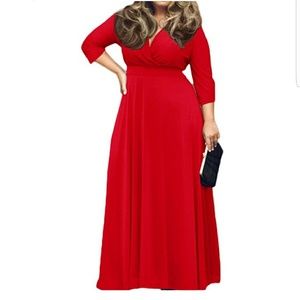 Women's Solid V-Neck 3/4 Sleeve Maxi Dress